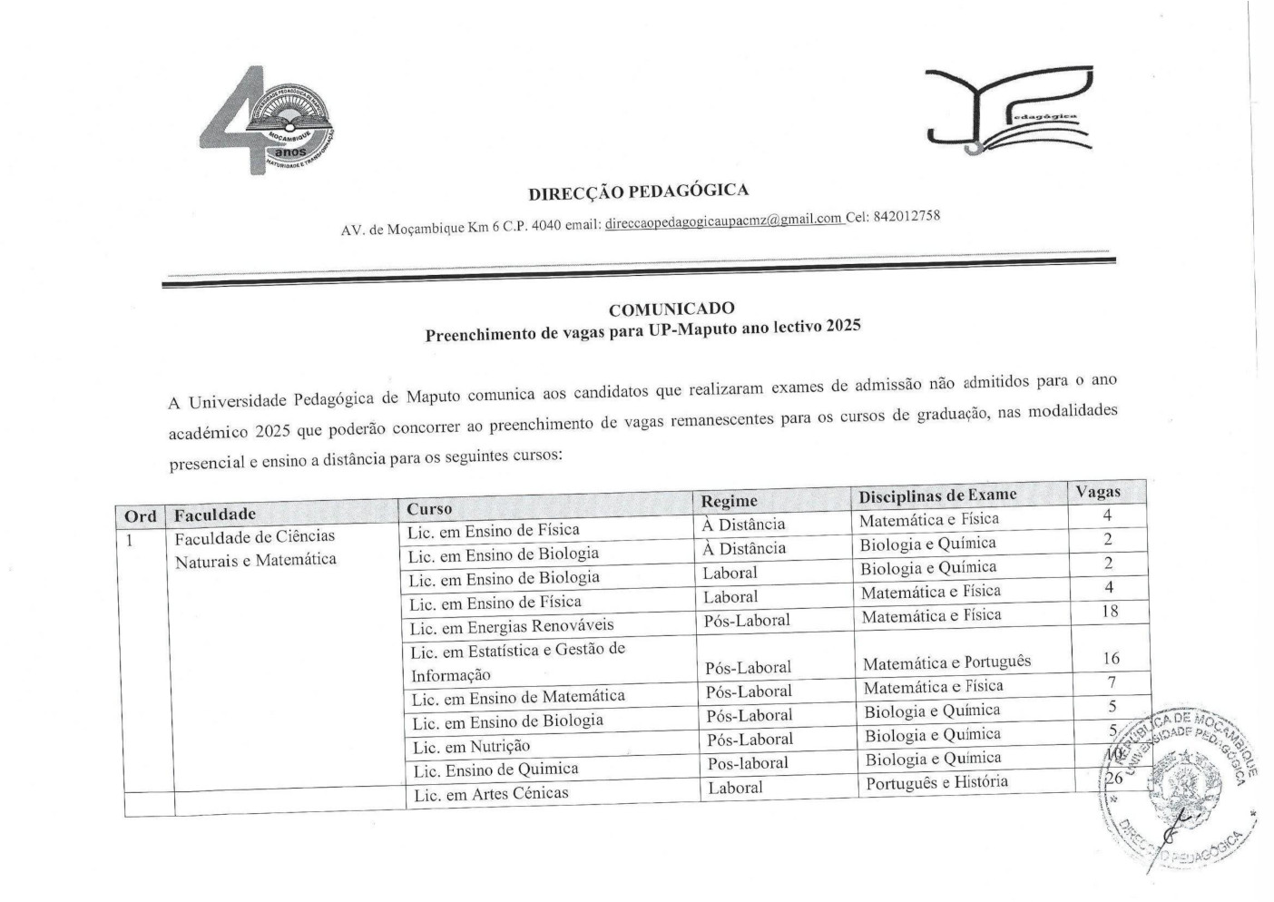 Preenchimento Vagas 2025 UPMaputo Página 1